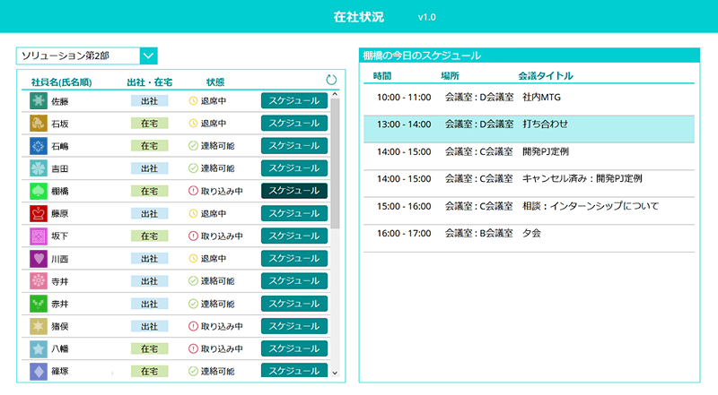 社員の在社状況と予定表画面